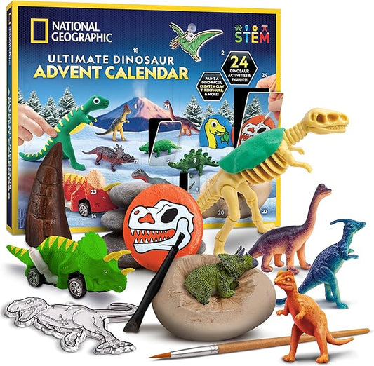 NATIONAL GEOGRAPHIC 2025 Dinosaur Advent Calendar - Christmas Countdown Calendar with 24 Dino Activities & Figures, Paint A Dinosaur Racer, Create a Clay T. Rex, Excavate a Dino Tooth Replica & More