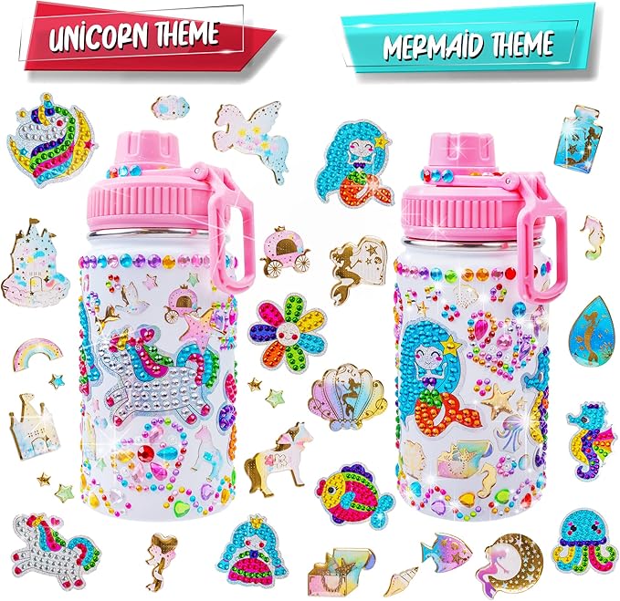 FTBox Decorate Your Own Water Bottle, Cute Arts and Crafts Gifts Toys for Girls Age 4-12, Unicorn/Mermaid Diamond Painting Crafts Kit for Birthday & Christmas