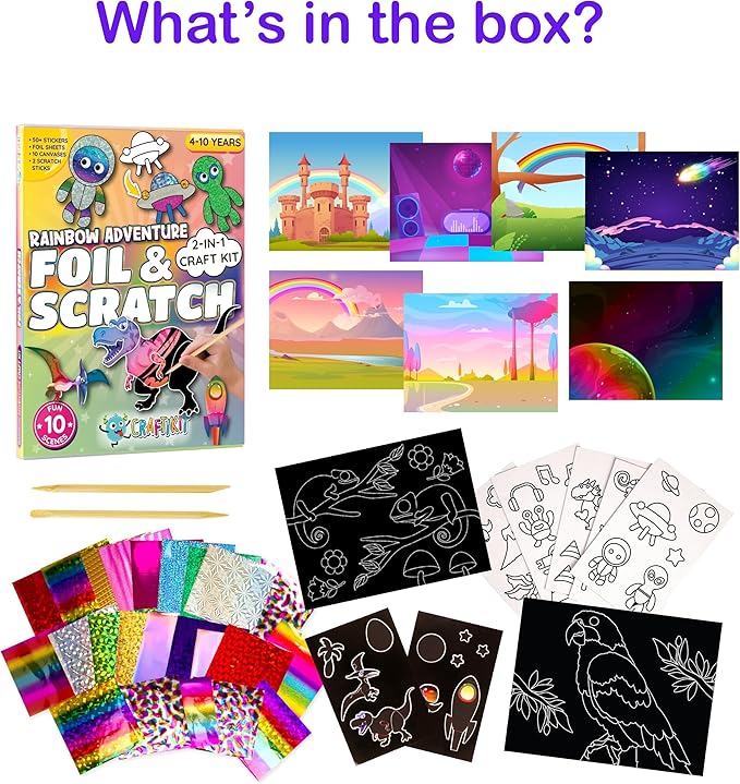 Craftikit ® Rainbow Adventure Foil Art & Scratch Art for Kids- 2-in-1 Arts and Crafts Kit for Kids Ages 4-10 - Rainbow Crafts for Boys Ages 4, 5, 6, 7, 8, 9, 10
