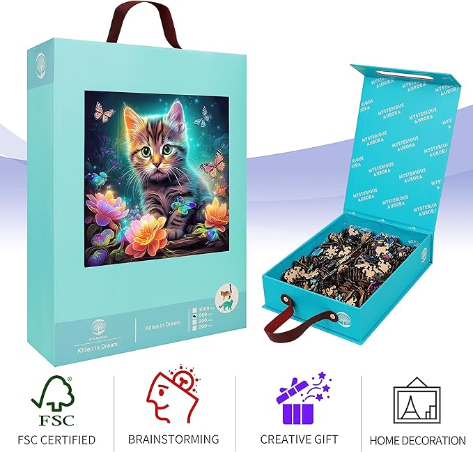 Mys Aurora Wooden Puzzles, Kitten in Dream Wooden Jigsaw Puzzles 200 Piece, Unique Luxurious Shaped Wood Puzzle for Adults and Kids, Best Gift for Birthday 11.2 x 11.2 Inch