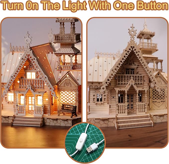 Vintage Villa 3D Wooden Puzzle,Building Kits for Adults and Teens,Educational Brain Teaser Assembly Model with LED Lights,Skill Building and Creative Fun