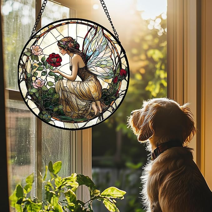 Stained Glass Window Hanging - Butterfly Flower Fairy Suncatcher for Door Terrace Garden Home Decor Yellow Green Plants Sun Catcher Birthday Gifts for Lovers Women Men Dad Mom Nana 11.8 in