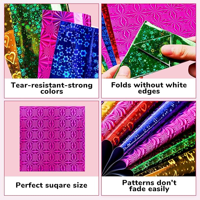 Iridescent Laser Origami Paper - 50 Sheets 6x6 Inch - holographic Double Sided Shimmer Paper for Eye-Catching Crafts, Ideal for Scrapbooking, Card Making and DIY Crafts