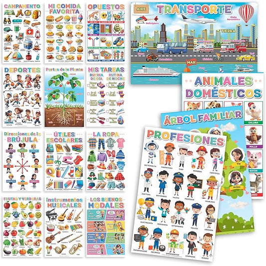 DeeDee's Workshop 16 Spanish Classroom Posters vol. 2, Spanish Learning for Kids, Spanish Classroom Decorations