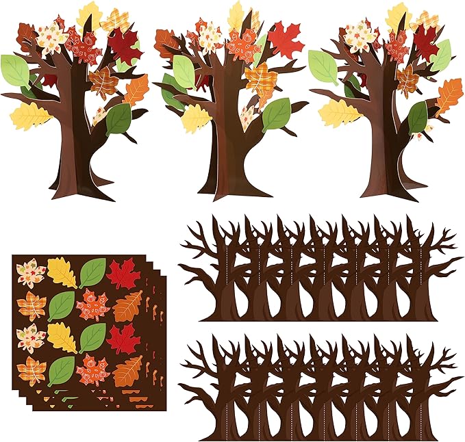 WATINC 16Pcs Fall Thankful Trees Craft Kits for Kids, Autumn Maple Oak Leaves Make Your Own DIY Thanksgiving Trees Decoration Thankful Craft Kit Supplies Home School Fun Activities for Kids