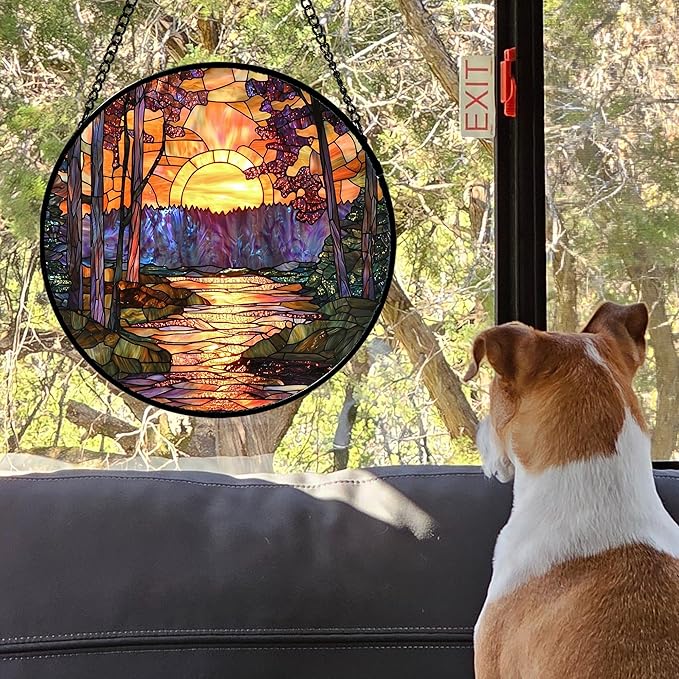 Stained Glass Window Hanging, Orange Landscape Green Purple Lake Forest Suncatcher for Doors Window Home Sun Catchers Decor Mother's Day Birthday Gifts for Women Men Mom 11.8 in