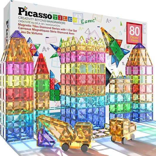 PicassoTiles 80 Pcs Magnetic Building Tiles Magnet Building Block Toys W/Car Diamond Educational Construction Playset Toy for STEM Sensory Gifts Kid Brain Development Stacking Blocks Construction Set