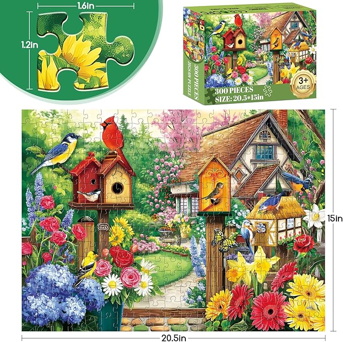 300 Piece Puzzles for Adults, Garden Birds Birdhouse Village Puzzle for Adults Kids Seniors,Large Piece Funny Puzzle for Kids Ages 8-10 10-12,Flowers House Puzzles Perfect for Game Nights,20.5x15 in