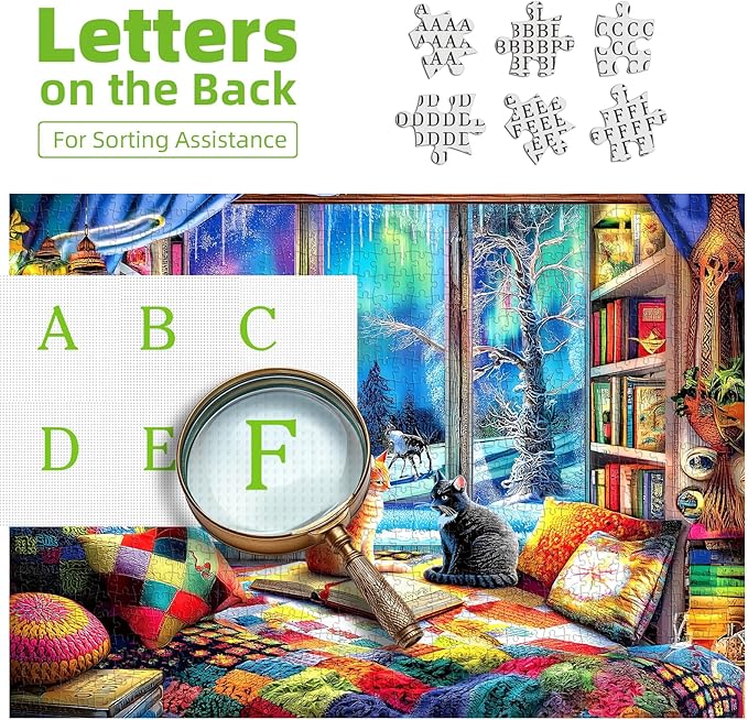 Northern Lights 1000 Piece Jigsaw Puzzle for Adults Cat Colorful Aurora Borealis Winter Scene Snowy Landscape Cozy Cabin Bookshelf Challenging Puzzle Game for Christmas Holiday Family Night (27"x19")