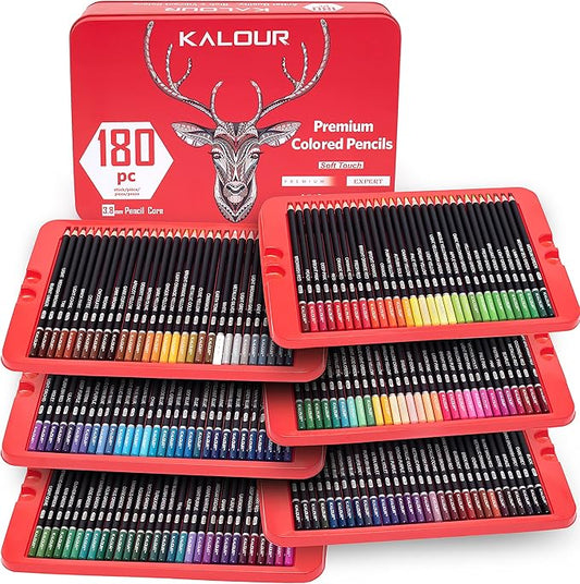 KALOUR 180 Colored Pencil for Artists - Rich Pigment Soft Core - Oil-Based - Ideal for Coloring Drawing Sketching Shading Blending - Vibrant Color（Tin Case）