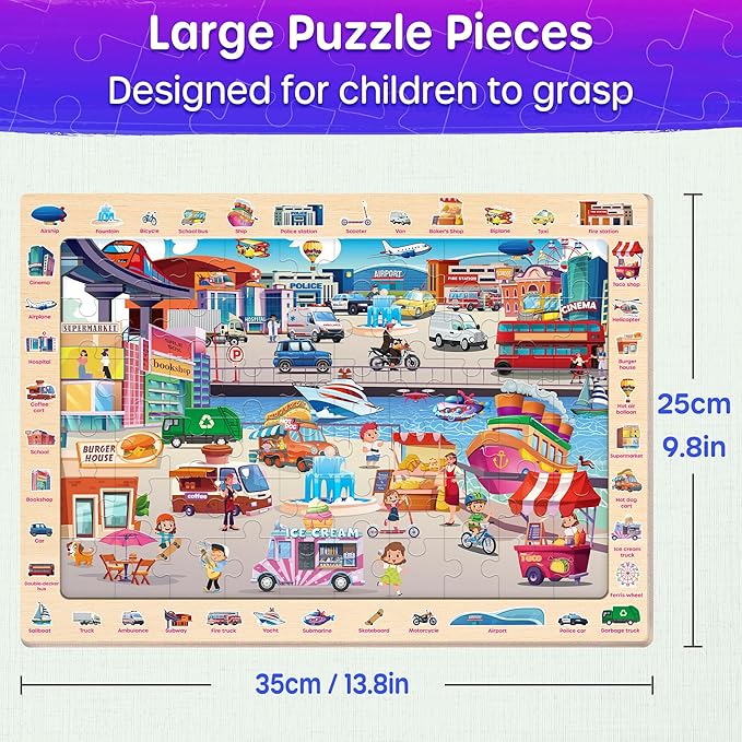 SYNARRY Wooden Puzzles for Kids Ages 4-6, 4 x 60 Piece Match & Find Puzzles for Kids Ages 3-5 Boys Girls, Educational Toys Gifts for 4-8 yo for Learning Jungle Savannah Polar Animals & City Life