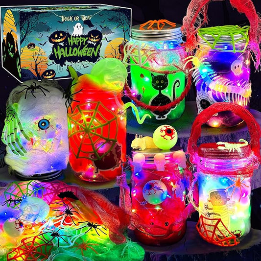 AIVEI 6 Pack Halloween Crafts for Kids Mason Jar with Accessories DIY Lantern Art Crafts Kits, Halloween Activities Toys Gifts for Girls Boys Adults