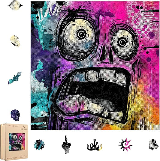 Ruikiyart Wooden Puzzles for Adults, 5MM 500 Pieces Funny Scared Expression Wooden Jigsaw Puzzle,Unique Shaped Puzzle Gifts for Adults and Kids on Christmas,Family Puzzle Games (Purple, 15.9''x15.9'')