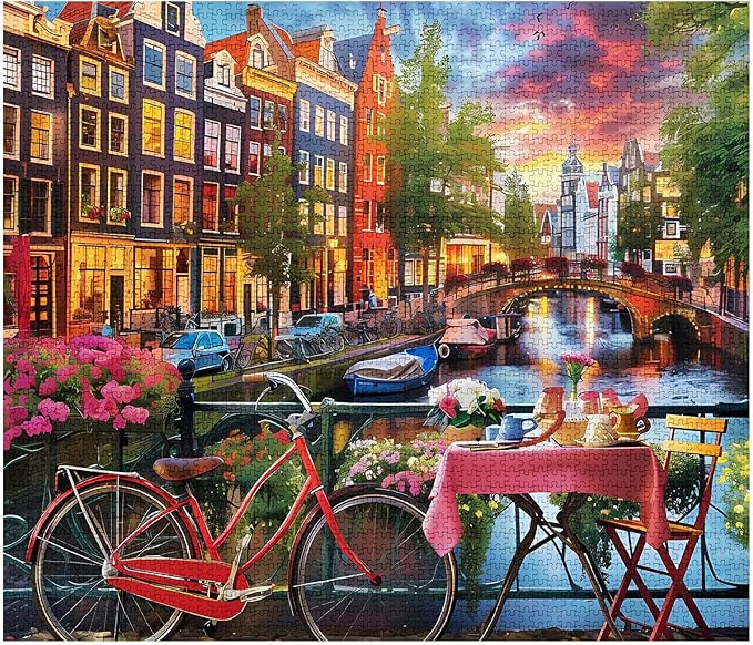 River City Scenery Jigsaw Puzzle，Bike Flowers vScenery 1000 Pieces Jigsaw Puzzles for Adults，27 x 20 Inches Puzzles for Family，HD Quality Puzzle Gift，Family Activity Perfect for Game Night
