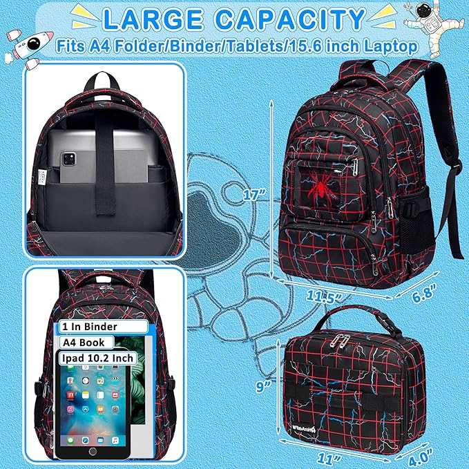 FunnyGifts Boys Backpacks with Lunch Box for Kids School Bookbag with Lunch Bag for Elementary Kindergarten Preschool Sticker for Backpacks Mochila Para Niños 4 5 6 7 8 9 10 11 12