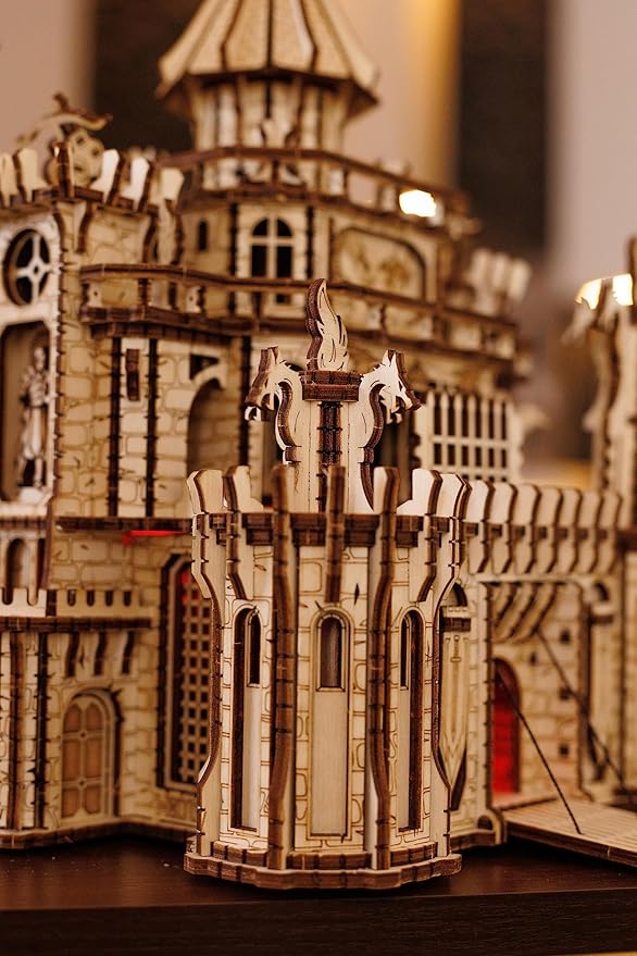 Wood Trick Dragon Castle Movable Wooden 3D Puzzles for Adults to Build - Red LED - Greensleeves Melody - Towers Rotating - Engineering DIY Project Mechanical Model Kits for Adults