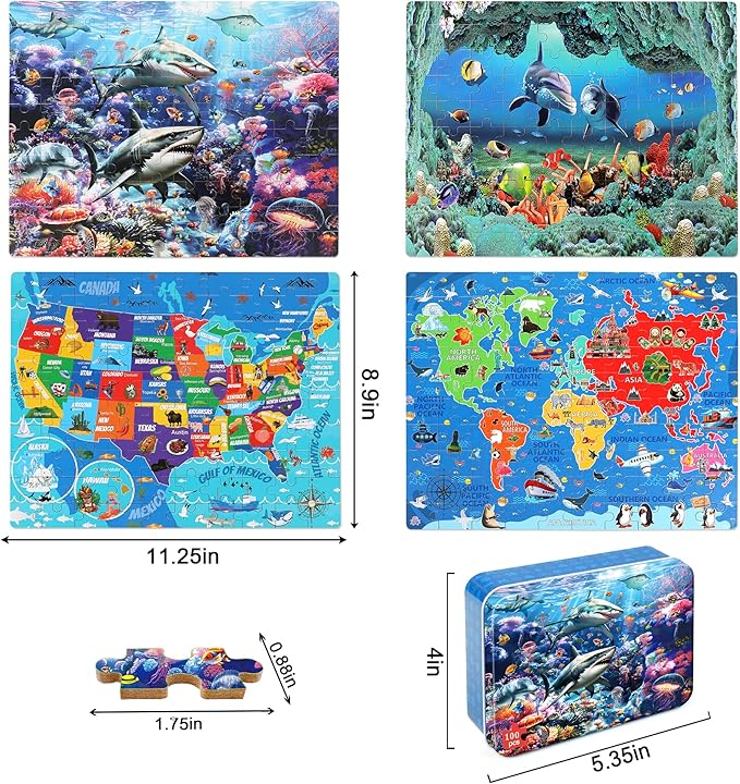 LELEMON 100 Pieces Puzzles for Kids Ages 4-8, 4 Set Kids Puzzle Ages 6-8,United States World Shark Dolphin Children Learning Educational Puzzless Toys for Boys and Girls
