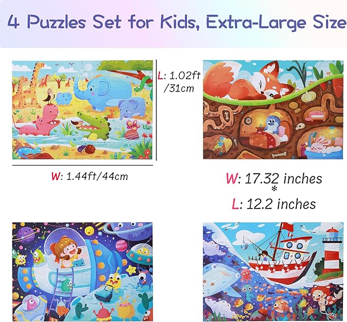 PhoenixtreeMoon Large Floor Puzzles for Kids Ages 4–6, 4-in-1 Educational Storytelling Jigsaw Puzzles – Animal, Sea, Space Themes for Boys and Girls