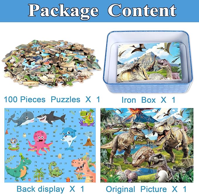 Dinosaur World Puzzles for Kids Ages 4-8, 100 Pieces Jigsaw Puzzles for Kids Ages 3-5 Puzzle for Girls and Boys Learning Educational Puzzles Toys in a Metal Box