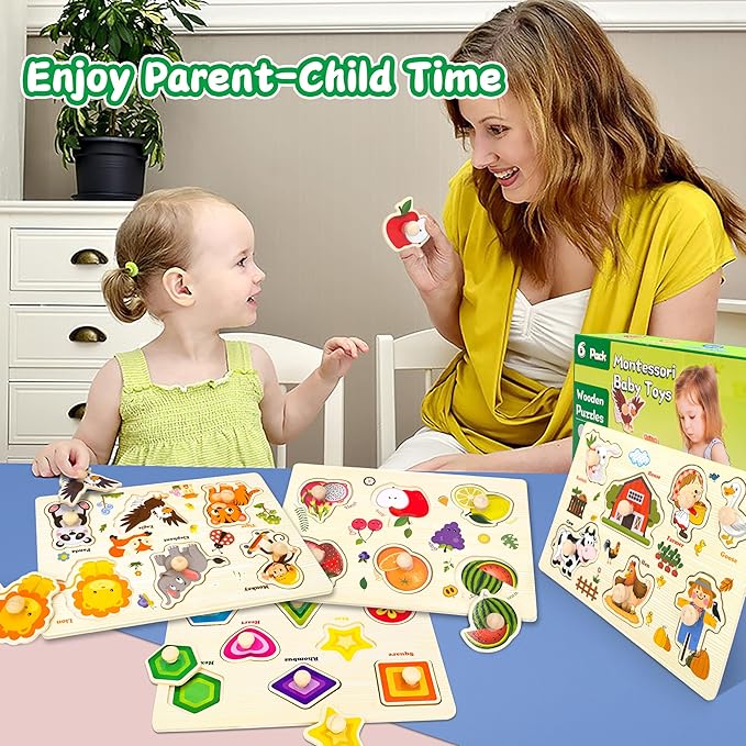 Wooden Puzzles for Toddlers,6 Pack Toddler Puzzles for Boys Girls,Montessori Toys for Baby,Preschool Learning Wooden Peg Puzzles for Kids with Farm,Insects,Numbers,Shapes,Animals,Fruits
