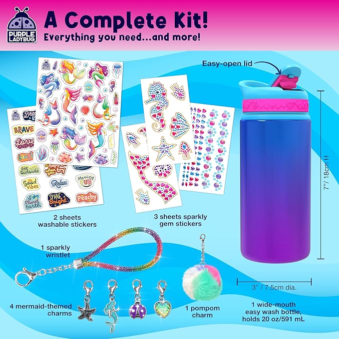 PURPLE LADYBUG Decorate Your Own Water Bottle for Girls, 22oz - Mermaid Peel-and-Stick Gemstones, Charms & Stickers Craft Set, Great Birthday Gifts for Girls 5-10 Years Old, Christmas Gift for Girl