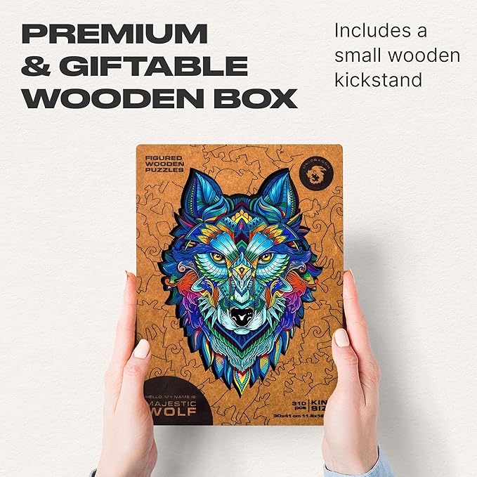 UNIDRAGON Wooden Puzzles for Adults Unique Jigsaw Puzzles - King Size Majestic Wolf Kingsize 11.8"x16.1" 310 PCS Deko with Cut 0.03 mm Wood Accuracy Animal