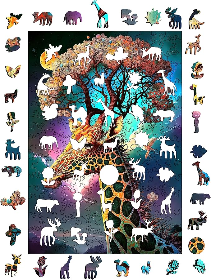Wooden Jigsaw Puzzle for Adults and Kids Unique Shape Wood Colorful Beautiful Box Fun Challenge Brain Health Family Game Creative Gift for Friends Rompecabezas Madera(Giraffe 200pcs)