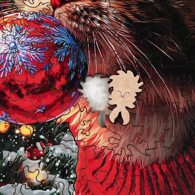 Christmas Hat Cat Jigsaw Puzzles - 200 Pcs Handmade Wooden Puzzle with Unique Shapes, Stress Relief & Educational Fun, Family Game Night 8.9×12.1 Inch, Best Gift for Friends