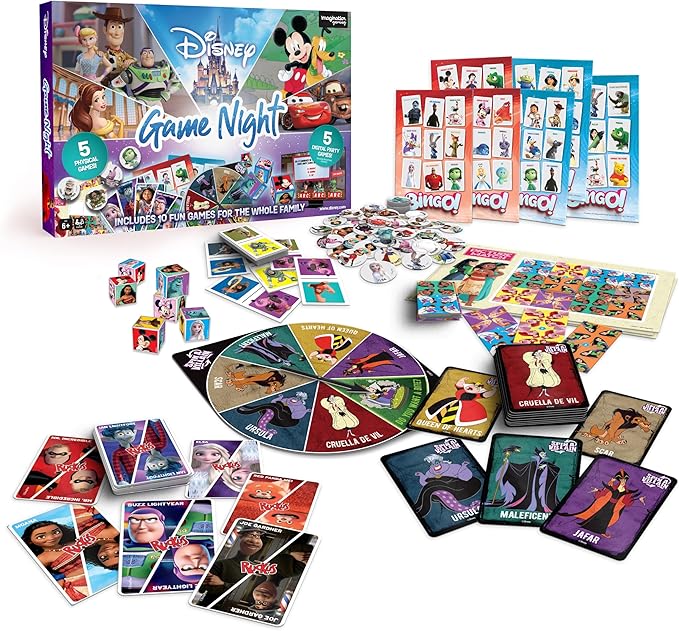 Disney Family Game Night, 10 in 1 Board Game Collection for Kids & Adults, Featuring Mickey, Minnie, Princesses, Toy Story & More. 5 Physical and 5 Digital Games for Ages 6 and up