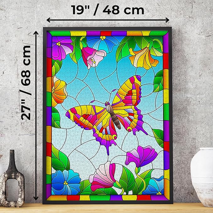 1000 Pieces Jigsaw Puzzle – Matte Finish, Soft Touch, Easy to Assemble, Tight Fit, Vivid Colors, Missing Pieces Service – Multicolor Butterfly Stained Glass Illustration – by ENJOY Puzzle