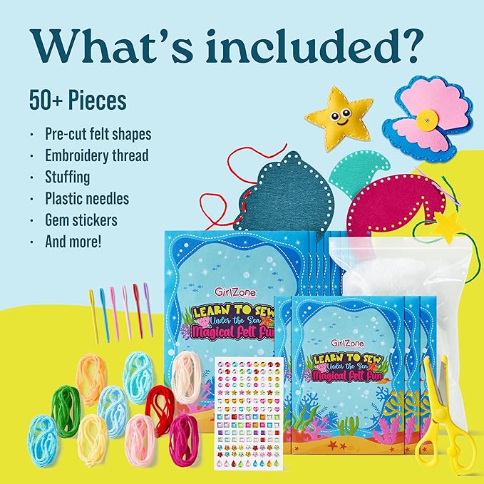 GirlZone Under The Sea Sewing Kit for Kids, Fun and Easy Embroidery Crafts, Make Adorable Sea Creatures Felt Projects, Kids Sewing Crafts for Ages 6 and Up, Includes Pre-Punch Shapes, Cute Patterns