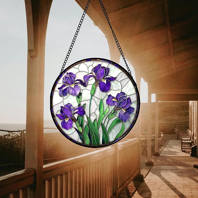 Stained Glass Window Hanging - Purple Iris Flower Sun Catcher for Door Terrace Garden Home Decor, Green Plants Suncatcher Birthday Gifts for Lovers Women Men Dad Mom Nana 15 in