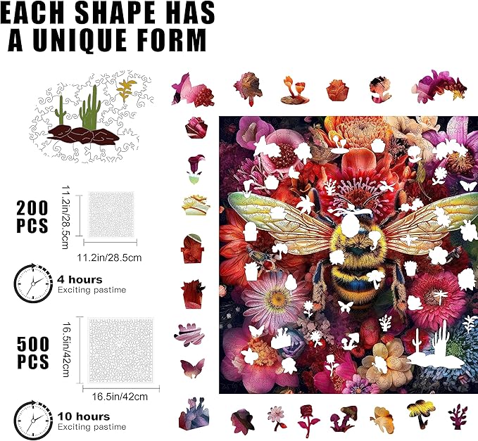 Wooden Jigsaw Puzzle for Adults and Kids Unique Shape Wood Colorful Beautiful Box Fun Challenge Brain Health Family Game Creative Gift for Friends Rompecabezas Madera(Bee 500pcs)