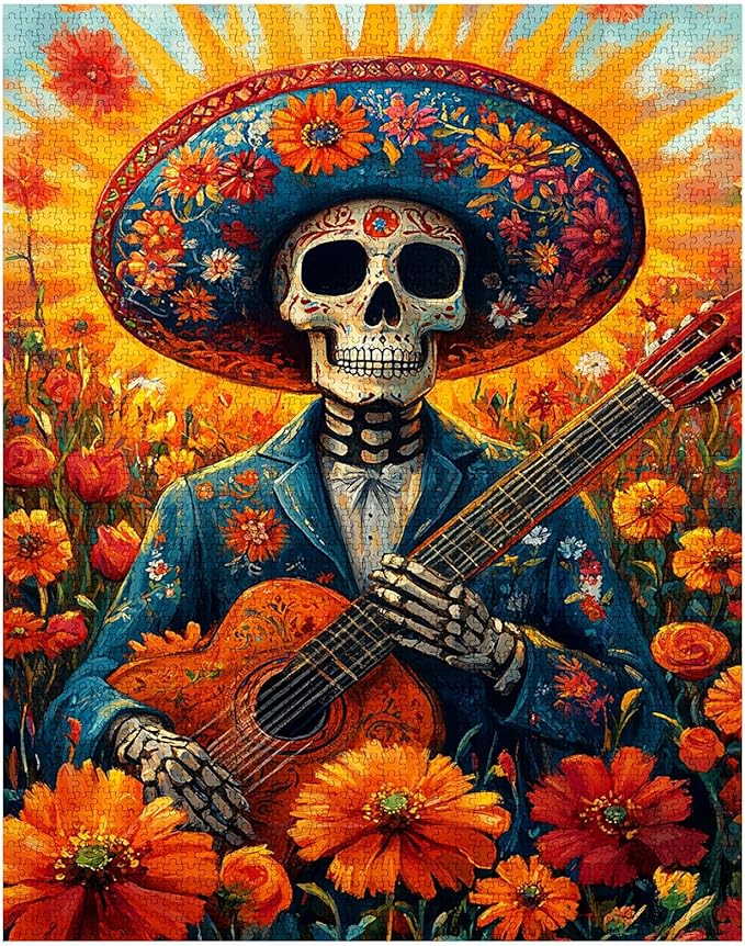 Tucocoo Skull Men Music Jigsaw Puzzles for Adults 1000 Pieces, Skeleton Mexican Style Flowers Art Puzzle Colorful DIY Craft Puzzles for Home Decoration Gifts, Family Puzzle Perfect for Game Nights