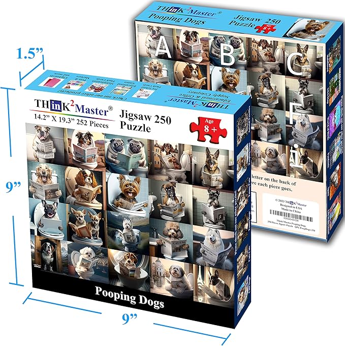 Think2Master Pooping Dogs 250 Pieces Jigsaw Puzzle Featuring heartwarming Puppies and Dogs. Perfect Bathroom Decoration, White Elephant Gag Gift. Fun Toy for Kids Families. Size: 14.2” X 19.3”