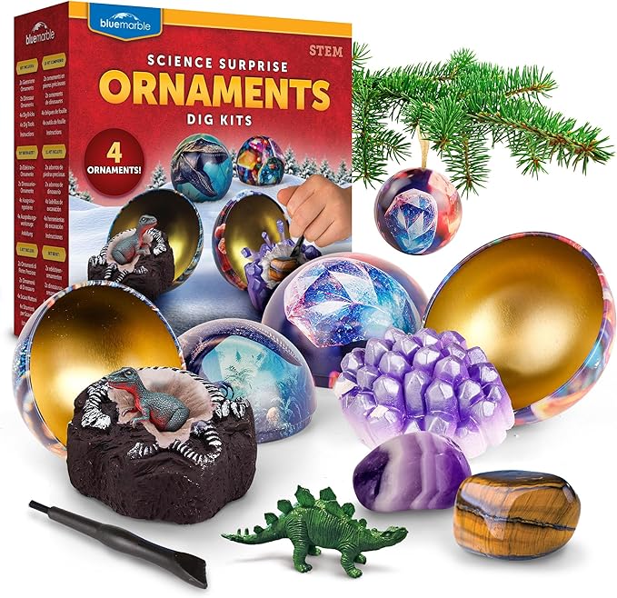 Blue Marble Science Surprise Christmas Ornament Dig Kits – 4 Ornaments with Mini Gemstone and Dinosaur Dig Bricks, Includes Digging Tools and Learning Guide