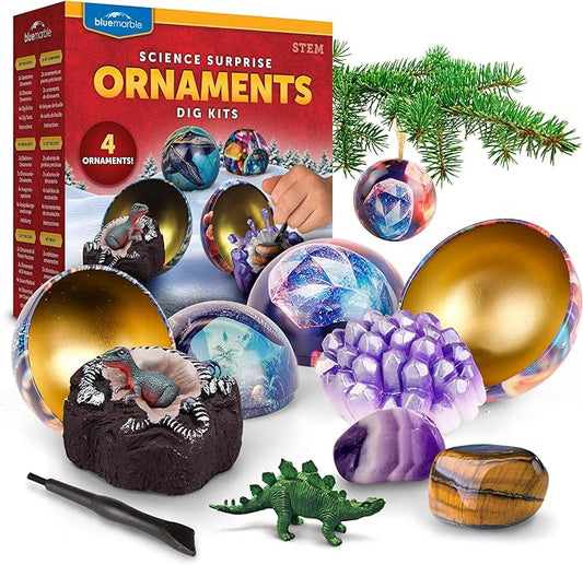 Blue Marble Science Surprise Christmas Ornament Dig Kits – 4 Ornaments with Mini Gemstone and Dinosaur Dig Bricks, Includes Digging Tools and Learning Guide
