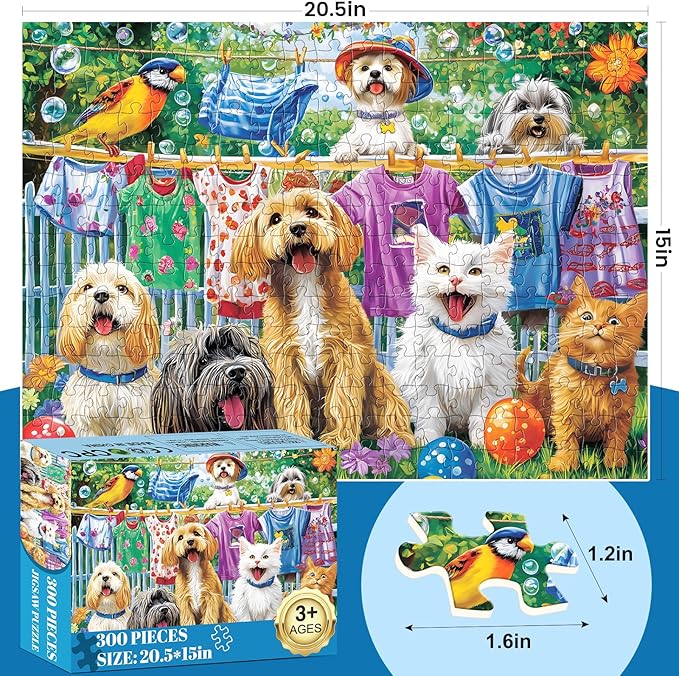300 Piece Puzzles for Adults, Cute Dog Jigsaw Puzzle for Adults Children Elderly, Large Piece Fun Animal Puzzle for Kids Ages 8-10 10-12, Challenging Landscape Puzzles,Family Game Great Gift 20.5*15in