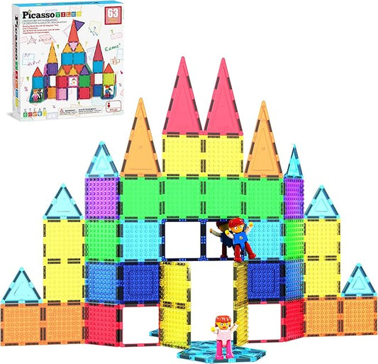 PicassoTiles 63pc Magnetic Tile Building Block Set with 2 Character Figures STEM 3D Construction Educational Toy for Kid Toddlers Boys Girls Age 3 Plus Montessori Learning Playset Creativity Kit PTL63
