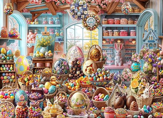 Easter Shop Jigsaw Puzzle 1000 Piece by Vermont Christmas Company - Easter Puzzles with Randomly Shaped Pieces - 26 5/8" x 19 1/4"