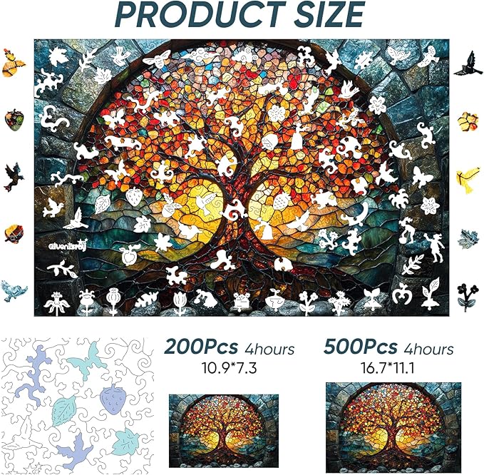 Wooden Puzzles for Adults, Mosaic Tree of Life Jigsaw Puzzles 200pcs Unique Shape Adult Puzzles, Irregular Creative Gift for Family Game (10.9 * 7.3 in)