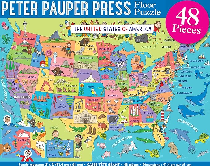 PETER PAUPER PRESS USA Map Jumbo Floor Puzzle - Fun and Educational! Learn Geography, State capitols, and Historic Landmarks. (48 Pieces) (36 inches Wide x 24 inches high)