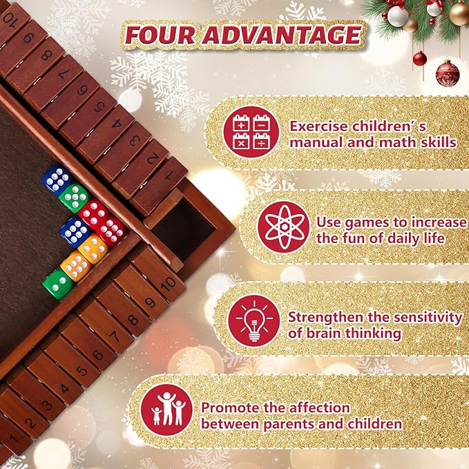 Nicecho Shut The Box Dice Game,2-4 Player Family Wooden Board Table Math Games for Adults and Kids, 8 Dices Classics Games for Classroom,Home,Party or Pub - Brown