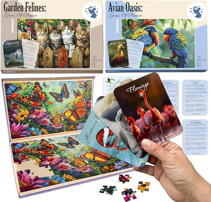 QUOKKA 60 Pieces Dementia Puzzles for Elderly - 3SET Large Piece Puzzles for Seniors - 9 Memory Flashcards with Facts I 25 Discussion Prompts per Puzzle - Alzheimer's Activities Products for Elderly