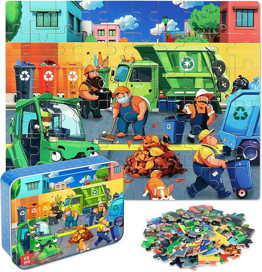 LELEMON Ocean Puzzles for Kids Ages 4-6,Recycling Garbage Truck 60 Piece Puzzles for Kids Ages 4-8,Children Jigsaw Puzzles in a Metal Box,Educational Learning Puzzle Toys for Girls and Boys