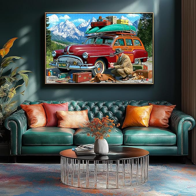 Vintage Car Puzzles for Adults 500 Piece Travel Adventure Jigsaw Puzzle Mountain Scene Large Piece Puzzles for Seniors Family Challenging Puzzle with Letters on Back Perfect for Game Night (23"X15")