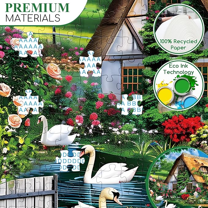 300 Piece Puzzles for Adults, Country Cottage Lake Puzzle for Adults Kids Seniors,Large Piece Landscape Puzzle for Kids 8-10 10-12,Garden Swan Flowers House Puzzles Perfect for Game Nights,20.5x15 in