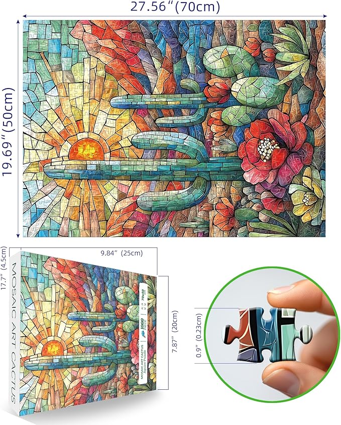 Blueforest Cactus 1000 Piece Puzzle for Adults - Mosaic-Style Desert Therapy Jigsaw Puzzle, Vibrant Succulent Wall Decor & Premium Gift Set (27.5"x19.7")
