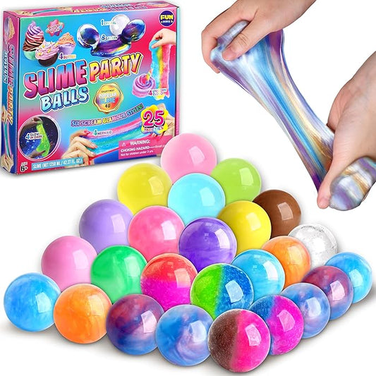 Big 25 Variety Slime Balls Party Favors for Kids, FunKidz 5.5cm Ball Size Bulk Premade Slime Pack Toys for Boys Girls 6-12 with Galaxy, Butter, Cloud, Unicorn, Mermaid, Glow, Clear Slimes
