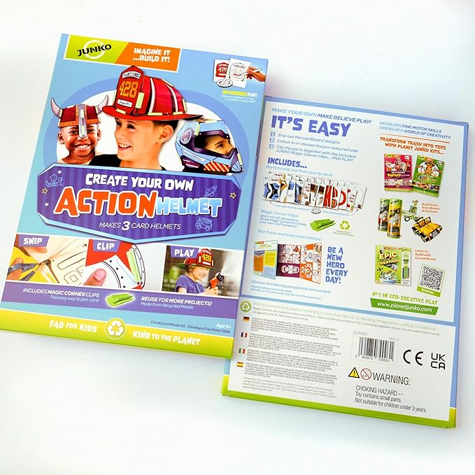 JUNKO DIY Kids Helmet Craft Kit – Build & Decorate 3 Cardboard Helmets (Firefighter, Viking, Space) – Ages 6–10 – Recycled, Reusable – Creative Parent-Child Activity